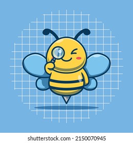 Cute bee looking with a magnifying glass vector illustration. Flat cartoon style