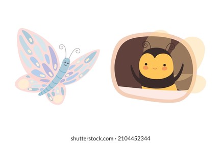 Cute Bee Looking Out of Window of Cosy Burrow and Fluttering Butterfly Vector Set