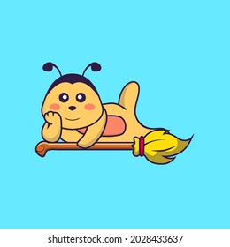 Cute bee lying on Magic Broom. Animal cartoon concept isolated. Can used for t-shirt, greeting card, invitation card or mascot.