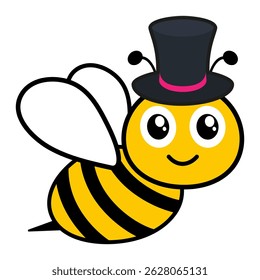 Cute bee with magician hat. Flying honeybee character. Vector illustration isolated on white.