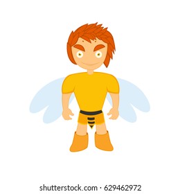 Cute bee man character with wings. Cute superhero bee character