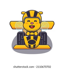cute bee mascot cartoon character riding race car