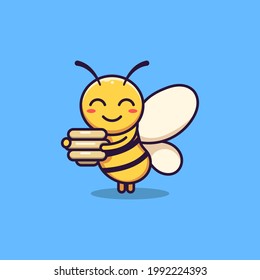 Cute bee mascot character is carrying honey with both hands. isolated animal vector. Flat cartoon style.