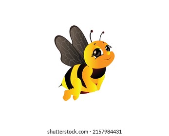 Ilustración del vector de caracteres de la mascota de abejas. Cartoon Bee Happy Flying con bonitos ojos emblema aislados en fondo blanco, estilo plano para diseño gráfico y web, logotipo.