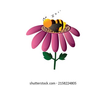 Cute Bee Mascot Character Vector illustration. Cartoon Bee Sleeping on a Flower emblem isolated on White Background, Bombus Hortorum Flat style for graphic and web design, logo.