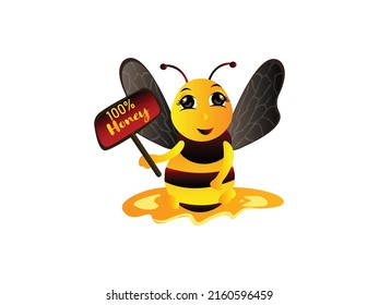 Cute Bee Mascot Character Vector illustration. Cartoon Bee Happy Holding  with Honey bee Pot emblem isolated on white background, Flat style for graphic and web design, logo.