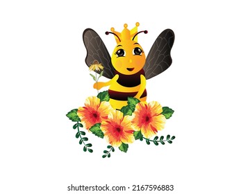 Ilustración del vector de caracteres de la mascota de abejas. Caricatura de la reina abeja con corona. Abeja con emblema Flor aislado en fondo blanco, 3d estilo para diseño gráfico y web, logotipo.