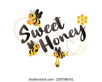 Cute Bee Mascot Character Vector illustration. Cartoon Bee Happy Flying with Sweet Honey bee Pot emblem isolated on white background