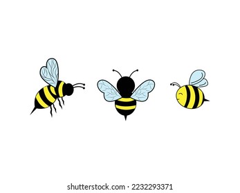 Ilustración del vector de caracteres de la mascota de abejas. Emblema de arte "Cartoon Bee Happy Flying" aislado en fondo blanco, estilo plano para diseño gráfico y web, logotipo.