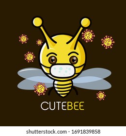 cute bee mascot character wearing a mask against virus