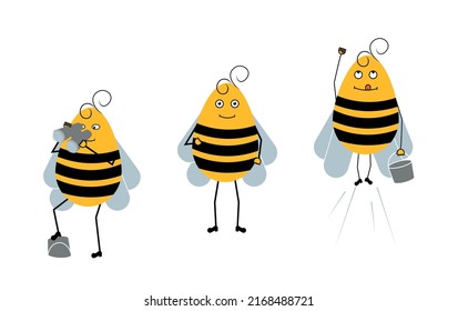 Cute bee mascot set vector illustration. Bee cartoon flying symbol. Honey bee pot sign, emblem isolated on white background, flat style for graphic and web design, logo.