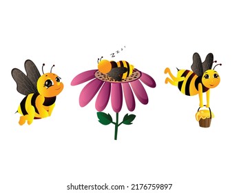 Cute Bee Mascot Set Vector illustration. Honey Bee Cartoon Flying symbol. emblem isolated on white background, Flat style for graphic and web design, logo.