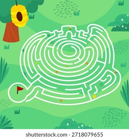 Ilustración linda del juego del rompecabezas del laberinto de la abeja para los niños con el laberinto espiral circular en fondo verde de la naturaleza. Ayuda a las abejas a encontrar el camino a la colmena colgando del árbol. La bandera roja marca el punto de partida con flores, hierba y arbustos decorando la escena. Hoja de trabajo de actividades para niños sin resolver perfecta para materiales educativos libros para colorear juegos para niños, puzzle imprimibles y recursos de aprendizaje.