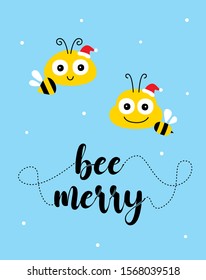 cute bee merry christmas greeting card
