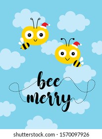 cute bee merry christmas greeting card