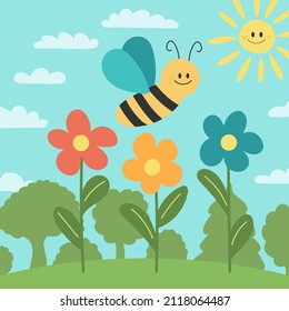 Cute bee in the natural background with flowers and trees. Flat style design - minimal vector illustration for kids