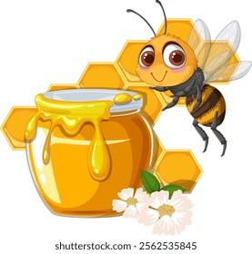 A cute bee near a honey jar and flowers