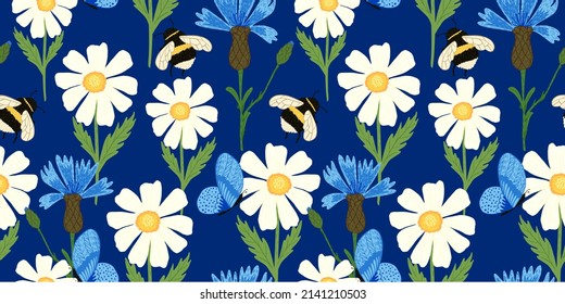 Cute bee on meadow seamless pattern. Summer flowers on blue background. Repeated nature design texture for printing, fabric, wrapping paper, fashion, interior, wallpaper, tissue. Vector illustration.