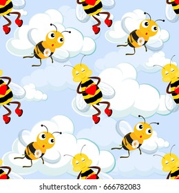 Cute Bee on sky background Vector Seamless Pattern. Kids Wrapping.