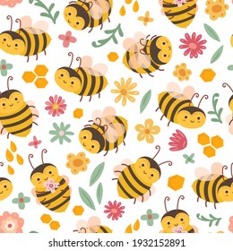 Cute bee pattern. Bees and flowers, cartoon flying insects. Art textile print, adorable spring summer floral exact vector seamless texture