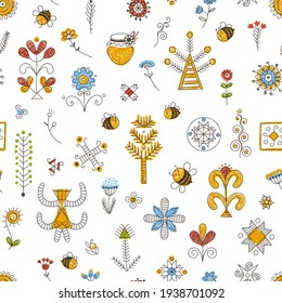 Cute bee pattern seamless background. Bees and flowers, cartoon insects texture. Adorable spring summer floral print with sacred symbols