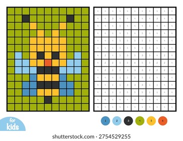 Cute bee from pixel blocks. Color by number educational game in coloring page format for children. Fun square grid puzzle for practicing numbers and colors