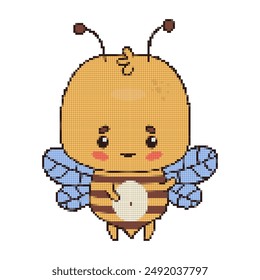 Cute bee pixelation. Funny pixel-art insect character. Vector blocky illustration