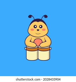 Cute bee is playing drums. Animal cartoon concept isolated. Can used for t-shirt, greeting card, invitation card or mascot.