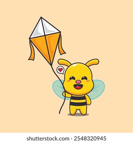 Cute bee playing kite cartoon vector illustration. vector cartoon illustration suitable for poster, brochure, web, mascot, sticker, logo and icon.