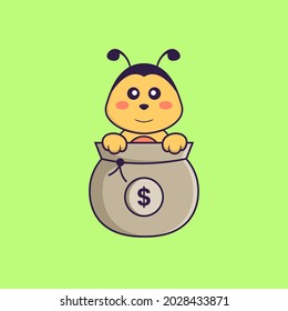 Cute bee playing in money bag. Animal cartoon concept isolated. Can used for t-shirt, greeting card, invitation card or mascot.