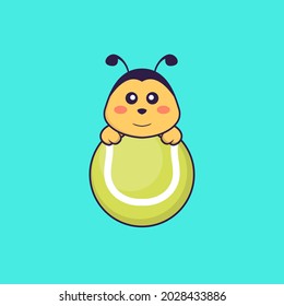 Cute bee playing tennis. Animal cartoon concept isolated. Can used for t-shirt, greeting card, invitation card or mascot.