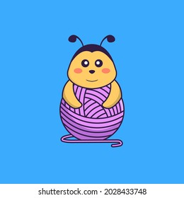 Cute bee playing with wool yarn. Animal cartoon concept isolated. Can used for t-shirt, greeting card, invitation card or mascot.