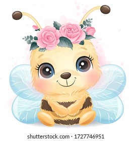 Cute bee portrait with watercolor effect