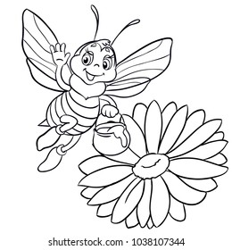 Cute bee with a pot full of honey flies over the flowers.
 Isolated on white background.Outlined for coloring book.
