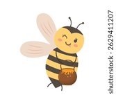 Cute bee with a pot of honey. Vector illustration isolated on white background.