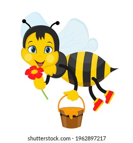 Cute bee with a pot of honey. Vector illustration in cartoon style.