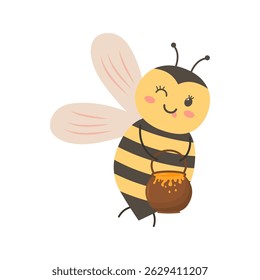 Cute bee with a pot of honey. Vector illustration isolated on white background.