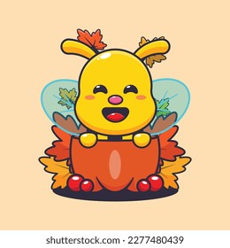 Cute bee in a pumpkin at autumn season. Mascot cartoon vector illustration suitable for poster, brochure, web, mascot, sticker, logo and icon.