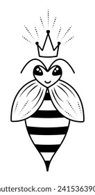 Cute bee queen with a crown, honeybee mother black and white vector illustration