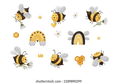 Cute bee and rainbow cartoon funny vector set. Happy funny adorable character bees
