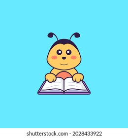 Cute bee reading a book. Animal cartoon concept isolated. Can used for t-shirt, greeting card, invitation card or mascot.