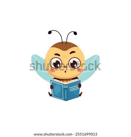 Cute bee is reading a fascinating book. Vector illustration on white background isolated