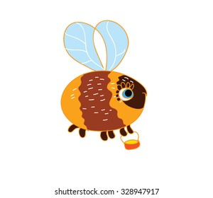 Cute Bee - retro cartoon vector illustration of flying bee with honey in handbag. Funny childish bee. Honey bee isolated on white. Eps 10.