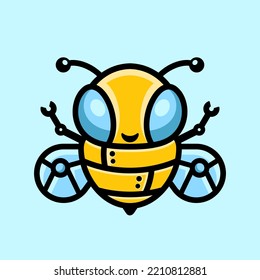 Cute bee robot technology character mascot, logo vector illustration