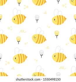 Cute bee and rose flowers seamless background repeating pattern, wallpaper background, cute seamless pattern background