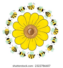 Cute bee round frame vector illustration. Happy bee characters, Perfect illustration for t-shirt wear fashion print design, greeting card, baby shower, party invitation