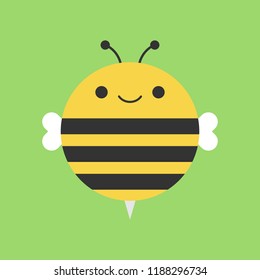 Cute bee round vector graphic icon. Striped black and yellow bee, insect animal face, body illustration. Isolated on green background.