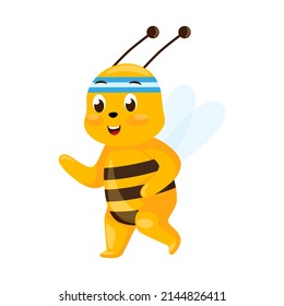 Cute bee running isolated on white background. Smiling cartoon character keep fit. Design of funny insect sticker for showing emotion. Vector illustration