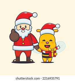 Cute bee with santa claus. Cute christmas cartoon illustration. 