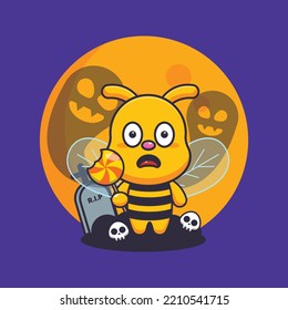 Cute bee scared by ghost in halloween day. Cute halloween cartoon illustration.